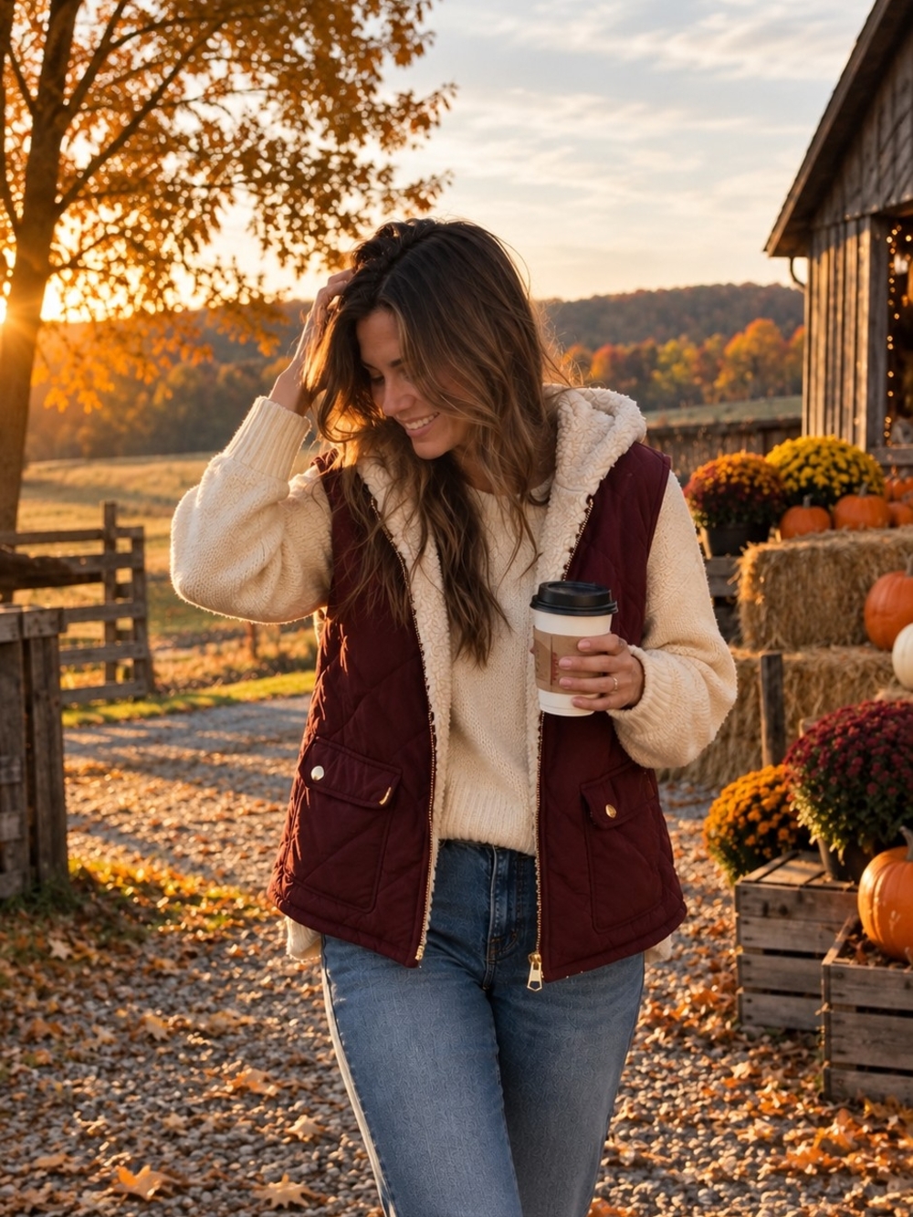 Reversible Sherpa Quilted Vest Burgundy Cream Cozy Fall Winter Approx L